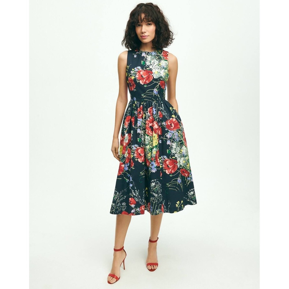 Brooks Brothers Poppy Print Pique Fit & Flare Midi Dress 0 Navy Floral Career